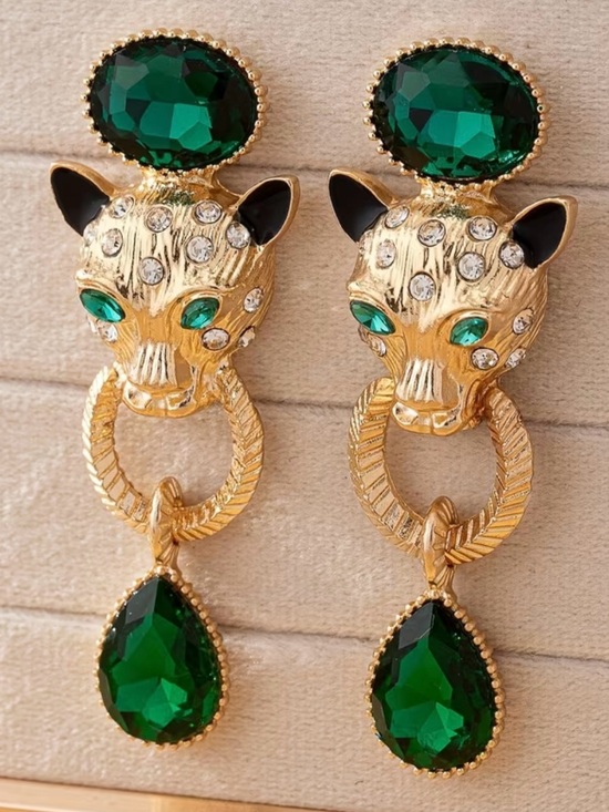 Anthropologie Jewelry - NEW! Luxury Gold Leopard Head Drop Earrings with Emerald Green Crystals 🐆 B2-99
